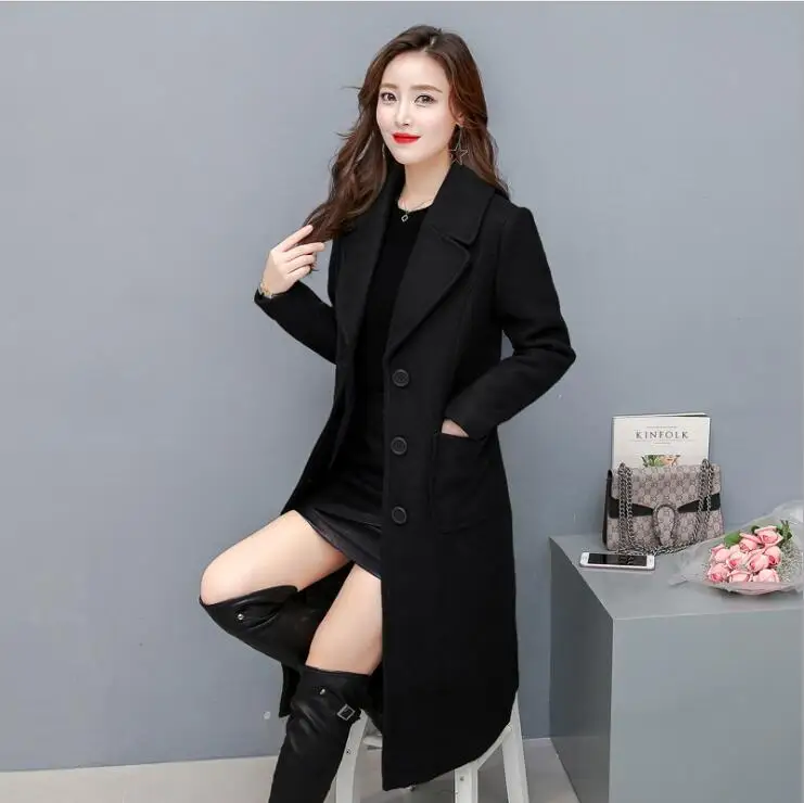 

Autumn Winter Wool Coat Women Slim Medium Long Korean Coat Ladies Elegant Long Sleeved Plus Size Black Blends Casaco Feminino