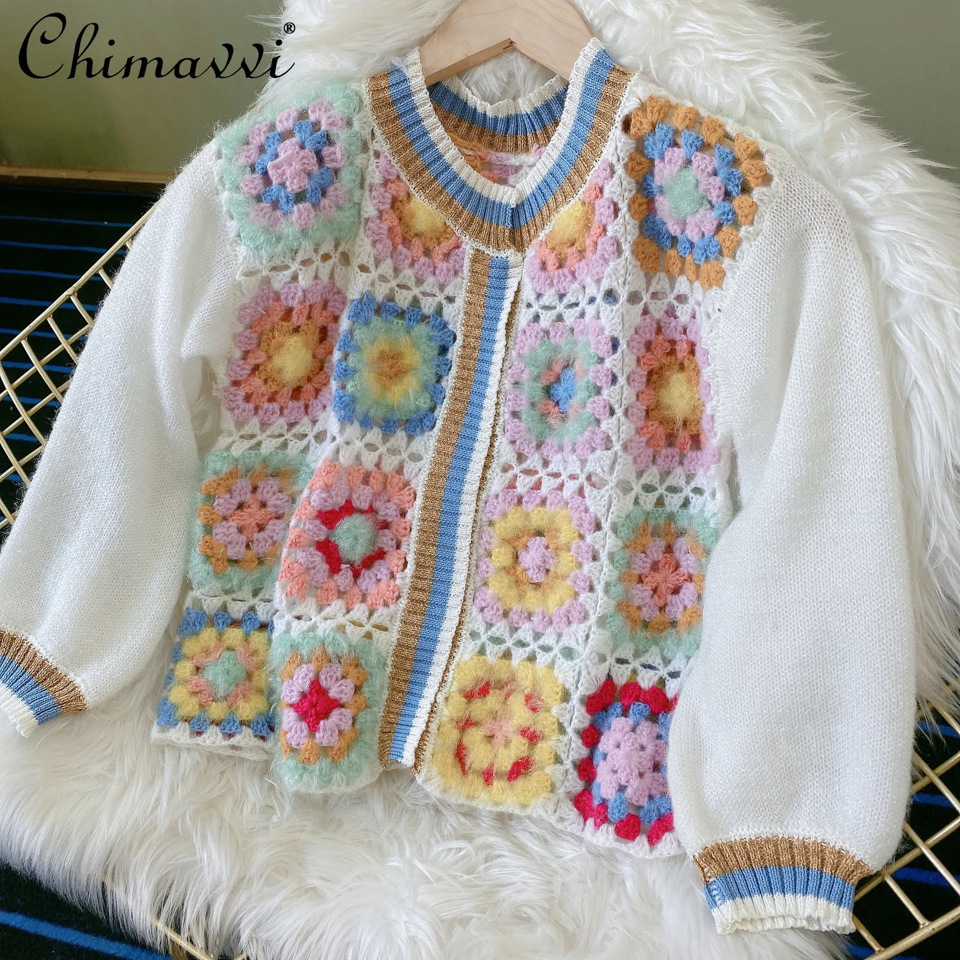 

Handmade Crochet Hollow Out Sweater 2021 Fall National Fashion Colorful Cotton Long-Sleeved Top Versatile Slim Knit Cardigan