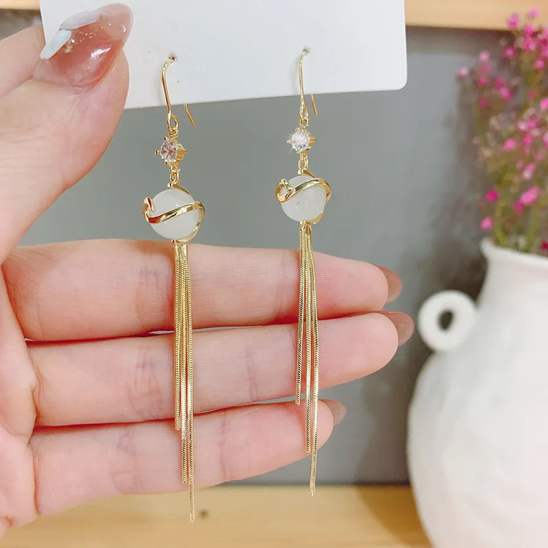 

High Quality Elegant Opal Long Tassel Luxury 14K Real Gold Stud Earrings for Women Cubic Zircon ZC Earrings