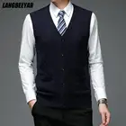 Высокое качество, 6% шерсть, новый осенний модный бренд, простой кардиган, свитер, глубокий v-образный вырез, вязаный жилет, мужская повседневная одежда без рукавов