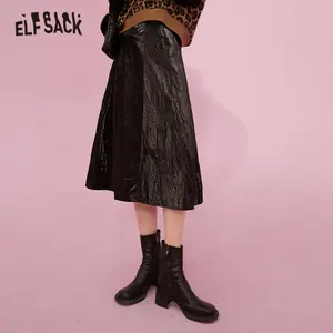 ELFSACKчерная однотонная миди-юбка с высокой талией для женщин, осень 2020, ELF Pure A Line, корейский стиль, Женские базовые повседневные кожаные юбки
