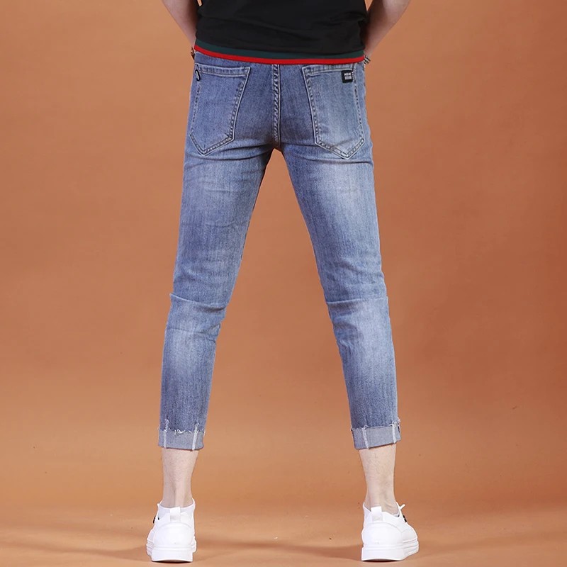 Fashion Ripped Jeans Men Casual Ankle-Length Pants Summer Gray Slim Fit Denim Trousers