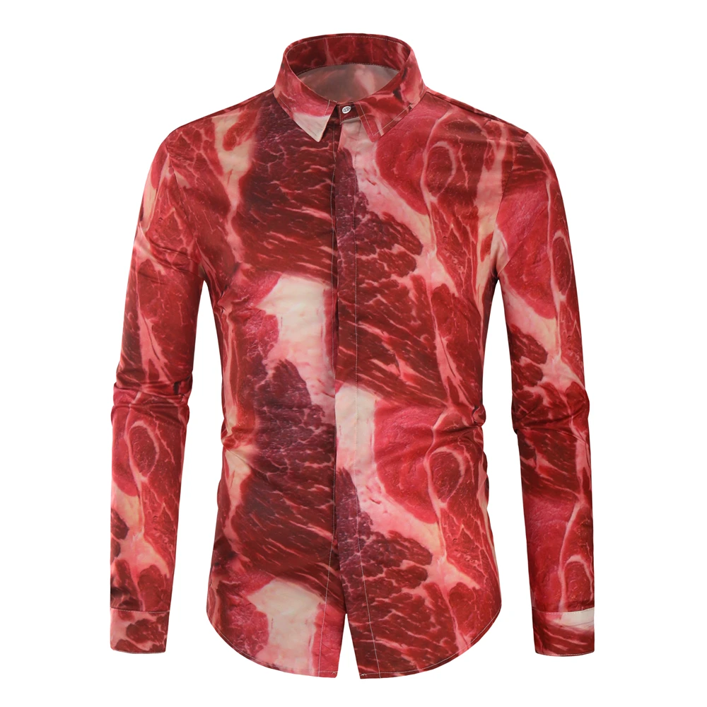 2019 мужские повседневные рубашки в стиле ретро с принтом мяса модная классическая