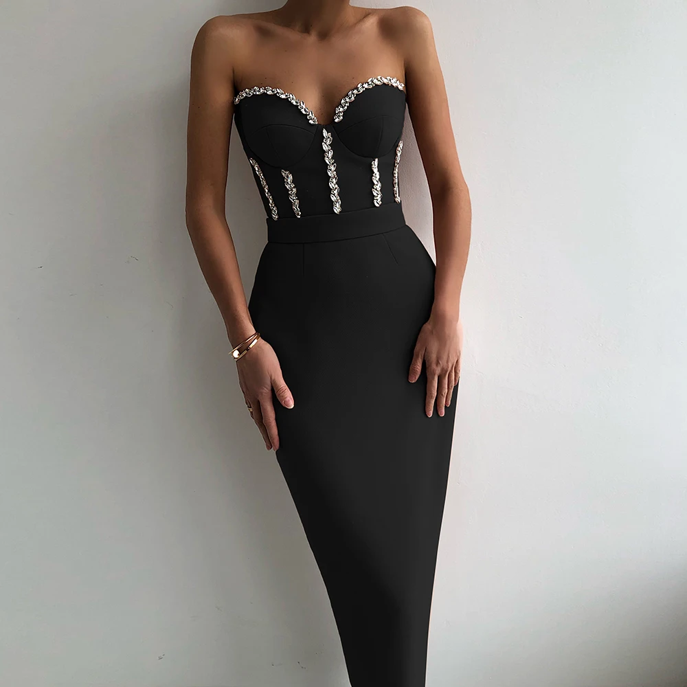 

Sexy Strapless Women Dress Bandage 2021 New Elegant Beading Party Evening Club Midi Dresses Summer Autumn Clothes