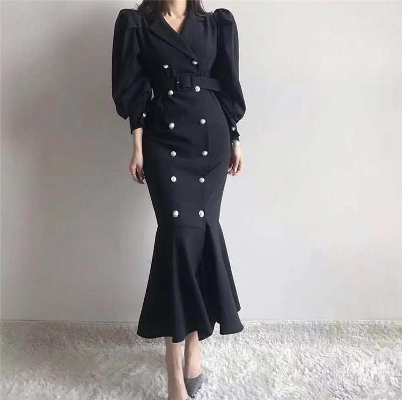 

French Style Elegant Fashion Simple Solid Double Breasted Empire Waist Multi Colors Elegant Mermaid for Ladies 2020 Summer Hot