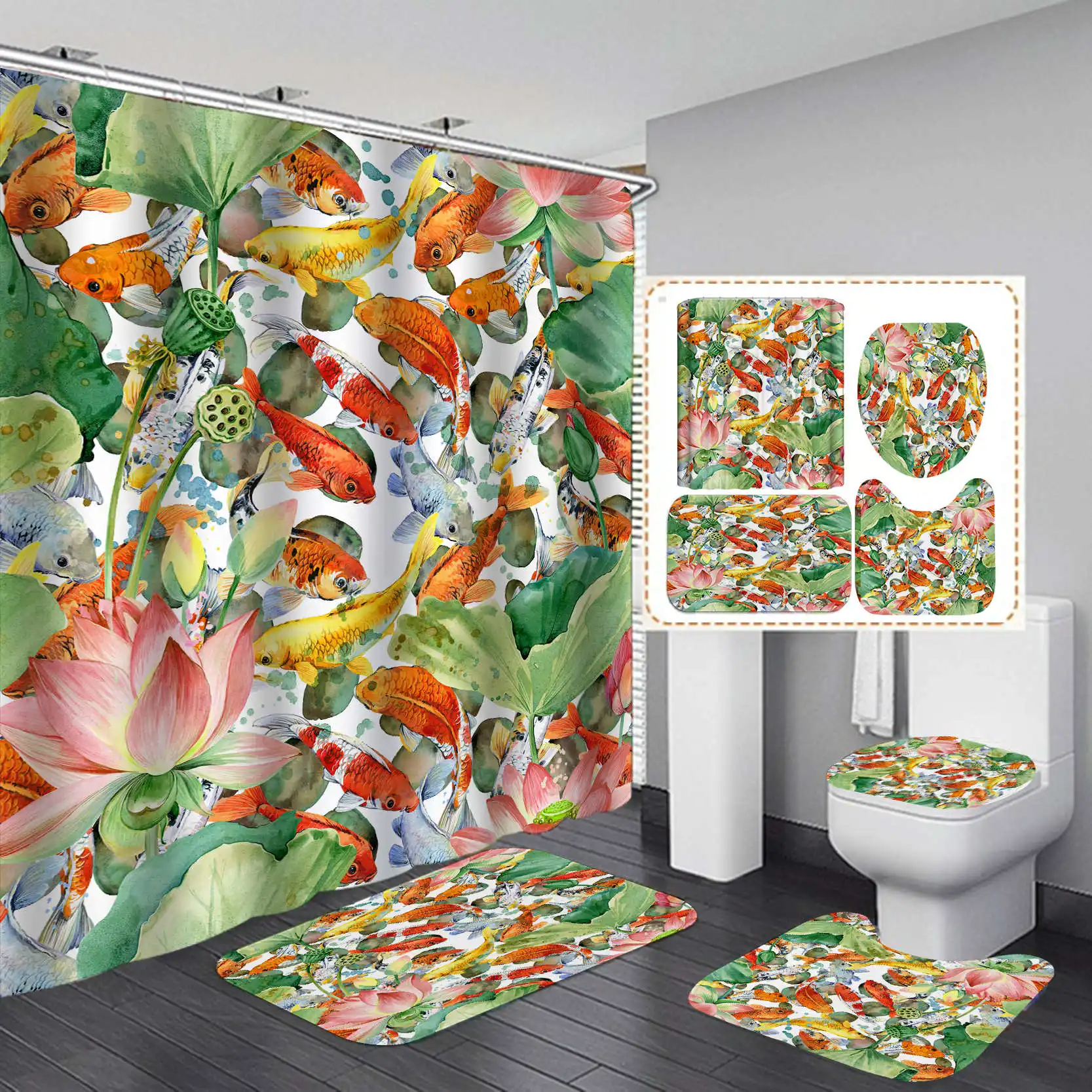 

Flowers and grass Print Shower Curtain 4 Piece Carpet Cover Toilet Cover Bath Mat Pad Set Bathroom Curtain with 12 Hooks