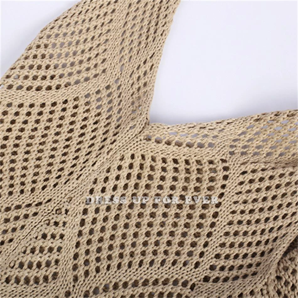 

Wool Knitting Hollow Out Handmade Top-Handle Tote Korean Vintage Casual Style Chic Crochet Handbag Summer Large Beach Bag Travel