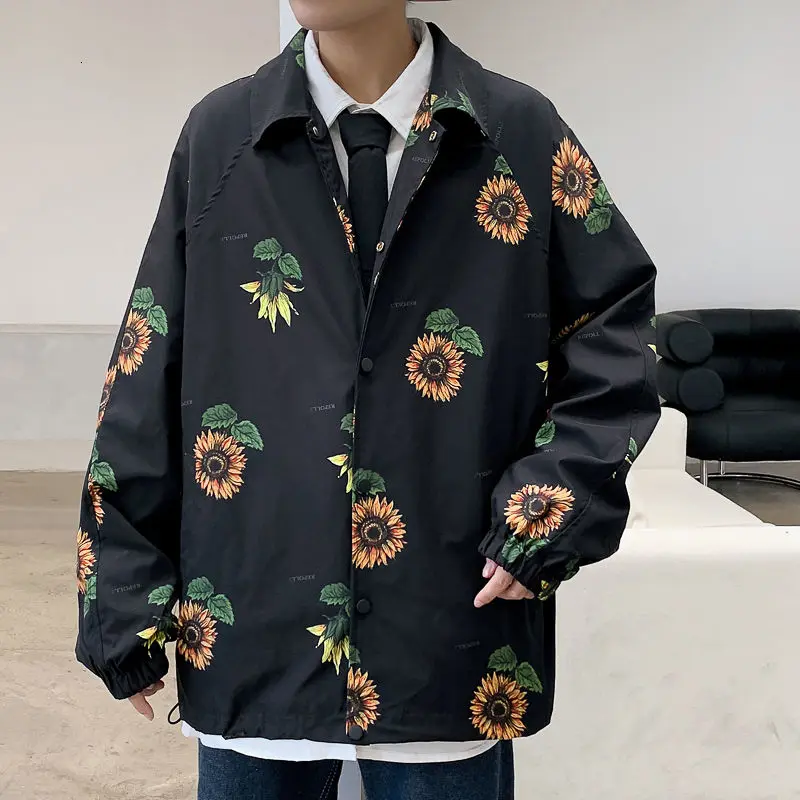 

2020 Autumn And Winter Men's New Sunflower Print Big Lapel Button Casual Fashion Trend Jacket Coat Plue Size M-5XL