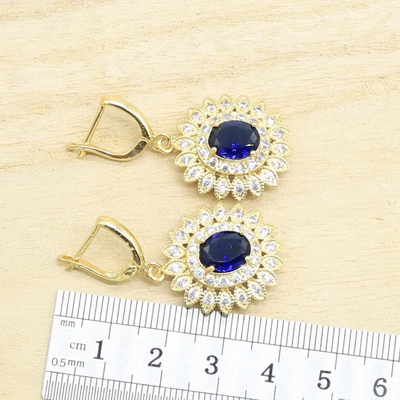 Синий кристалл белый циркон золотой цвет свадебный браслет серьги ожерелье