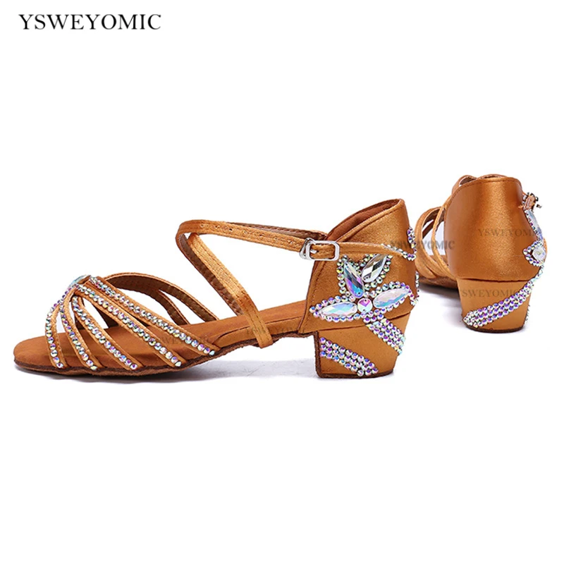Women Satin Dance Shoes Flower Rhinestone On Low Heel 3.5cm For Practise Competition Girls Salsa Latin Dance Shoes With Diamond