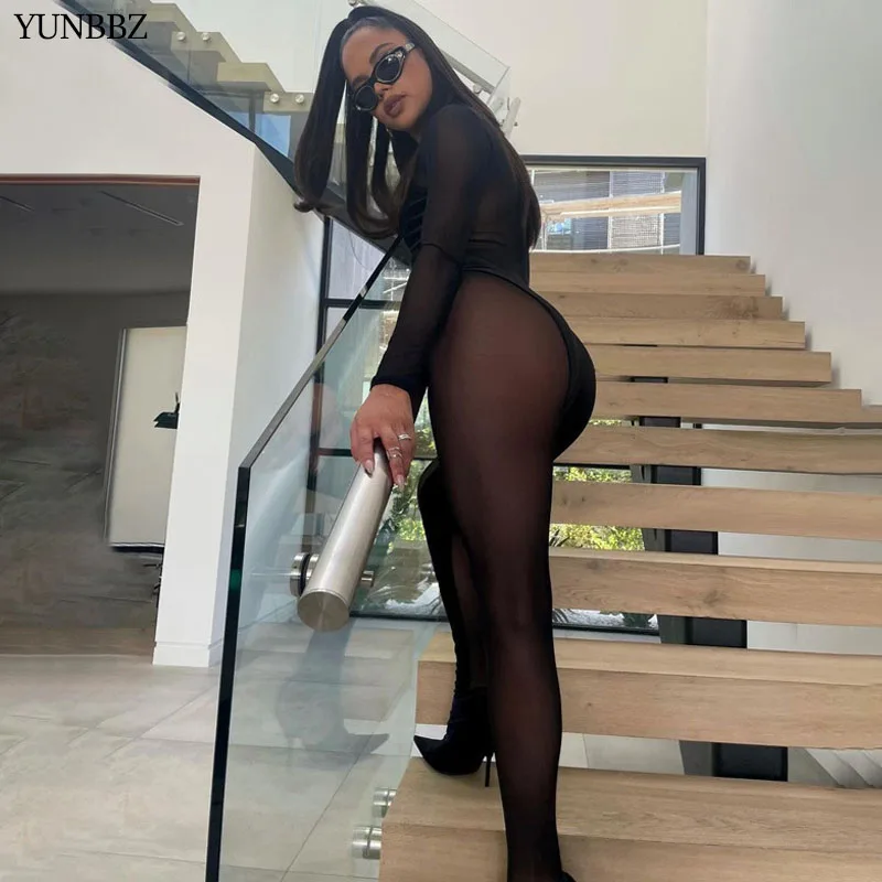 

Пикантный черный сетчатый комбинезон YUNBBZ, женские комбинезоны, Комбинезоны для дня рождения, Клубная одежда Rave, прозрачный облегающий Цель...