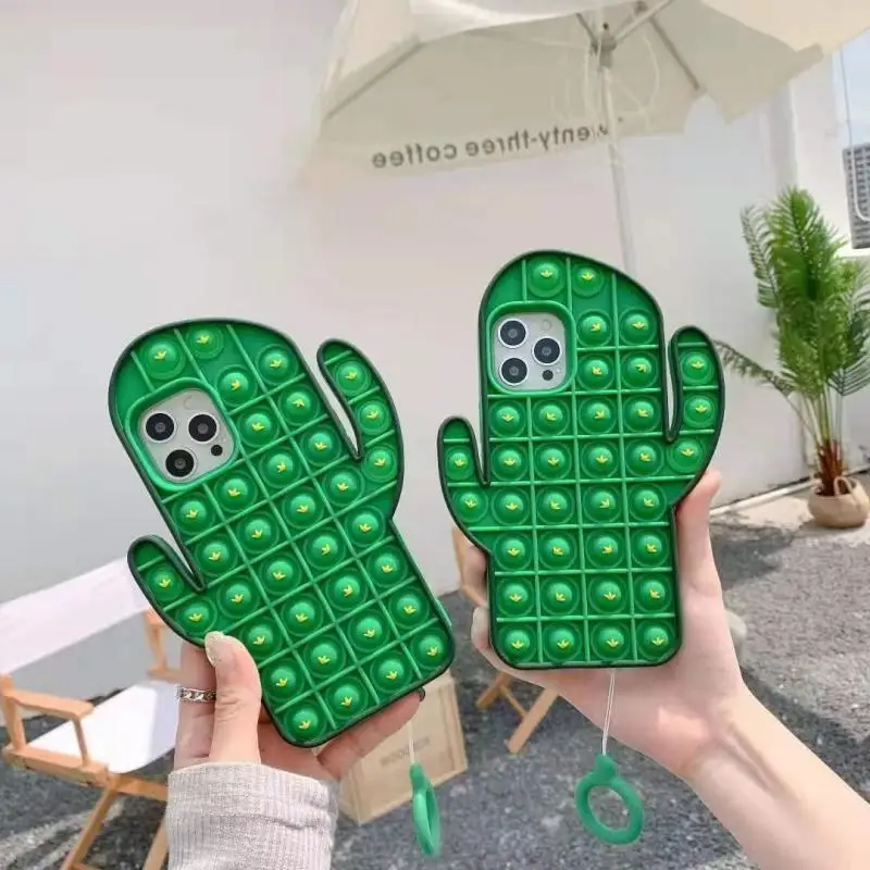 

Kawaii Green Cactus Case for Iphone11 12Pro Max Xr Simple Dimple Fidget Toys Push It Bubble Soft Silicone Phone Cover