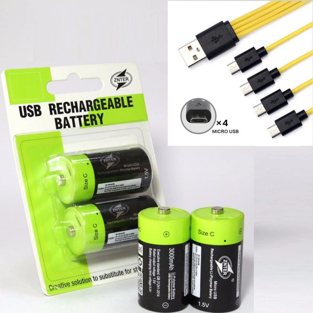 4 battery with cable ZNTER 4 шт C Размер 1,5 в 3000 мАч перезаряжаемая литий-полимерная батарея, заряжаемая микро USB кабелем, Прямая поставка - Цвет: 4 battery with cable