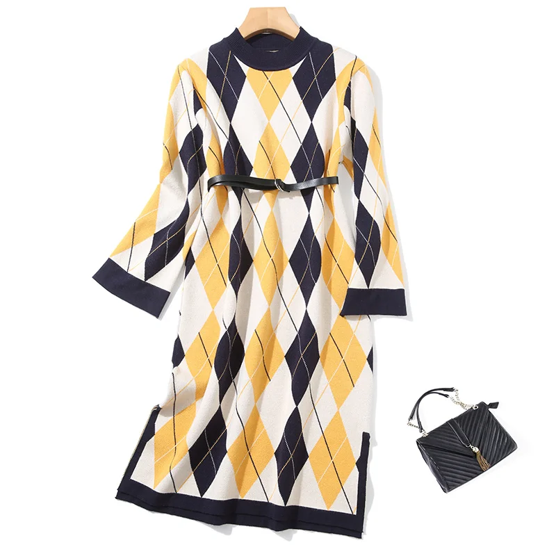 Женское шерстяное платье-свитер с геометрическим узором элегантное свободное