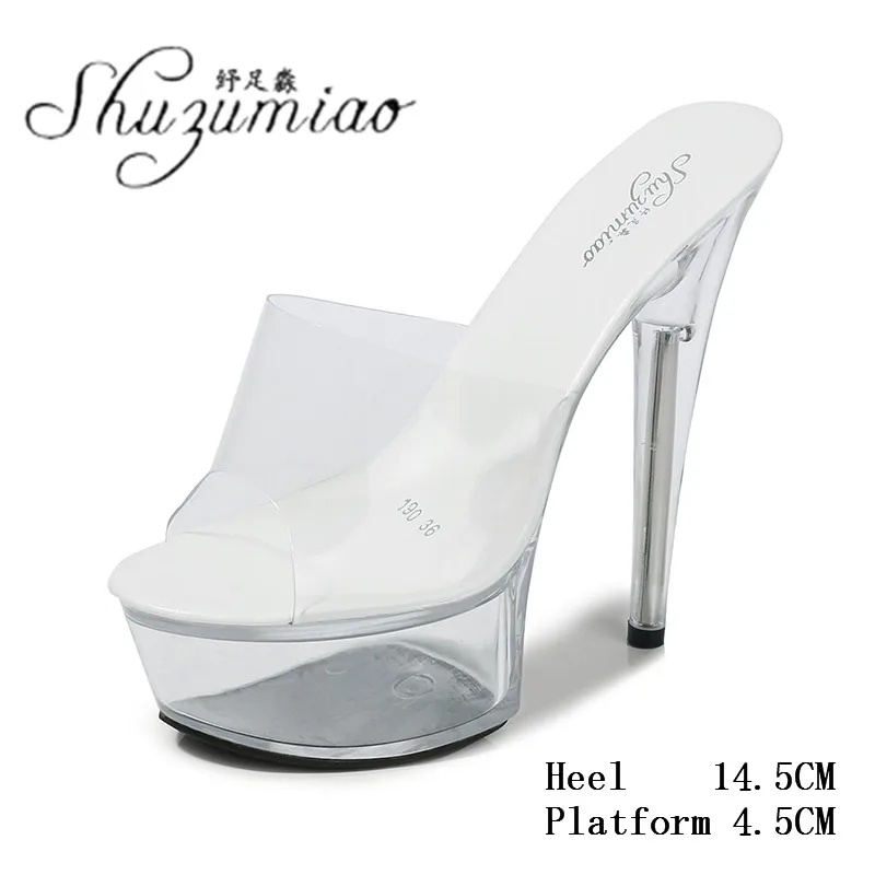 

Large Size Model Stilettos Ladies Walking Show Striptease Party Club Crystal Shoes Transparent Sexy 14CM Super High Heel Slipper