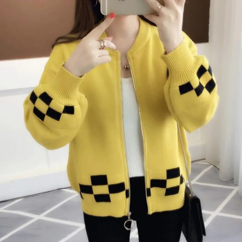 YAGENZ Женский вязаный кардиган зимний стиль длинный рукав теплая молния женский