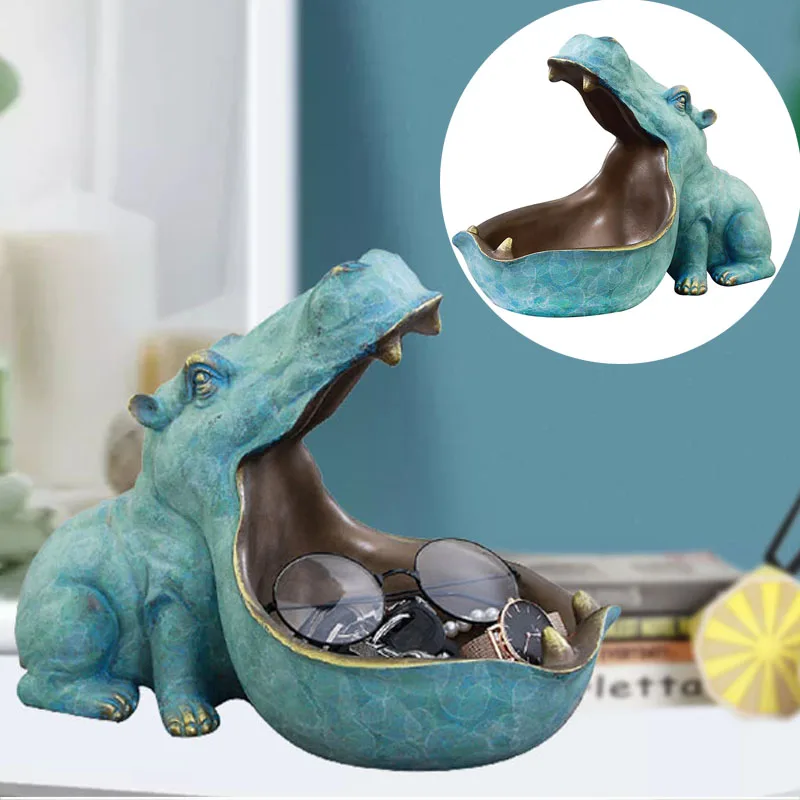 Resin Hippo Statue Big Mouth Hippo Figurines Home Desk Ornament Interior Keychain Remote Control Container Storage Sculpture