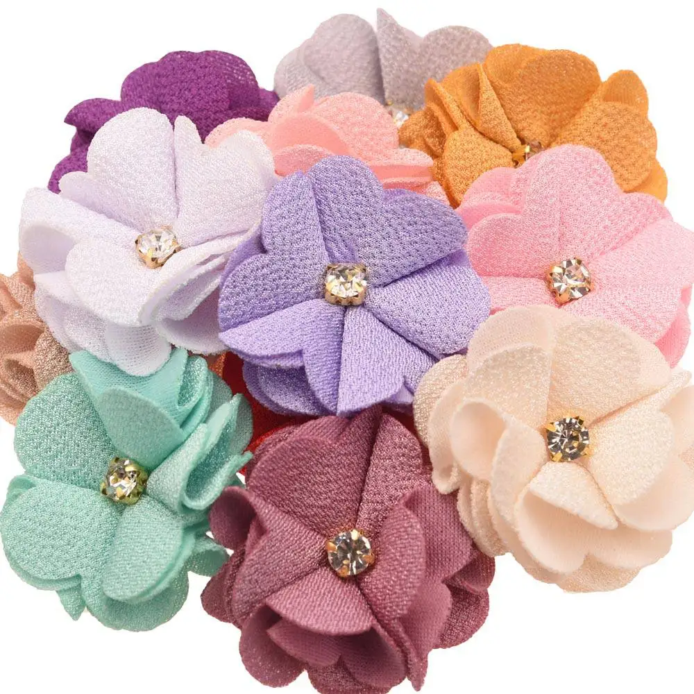 

16PCS 1.8inch Fabric Flower With Rhinestone Center Fashion Hair Flower Kawaii Hair Accessories for Girls Headwrap Hair Bows