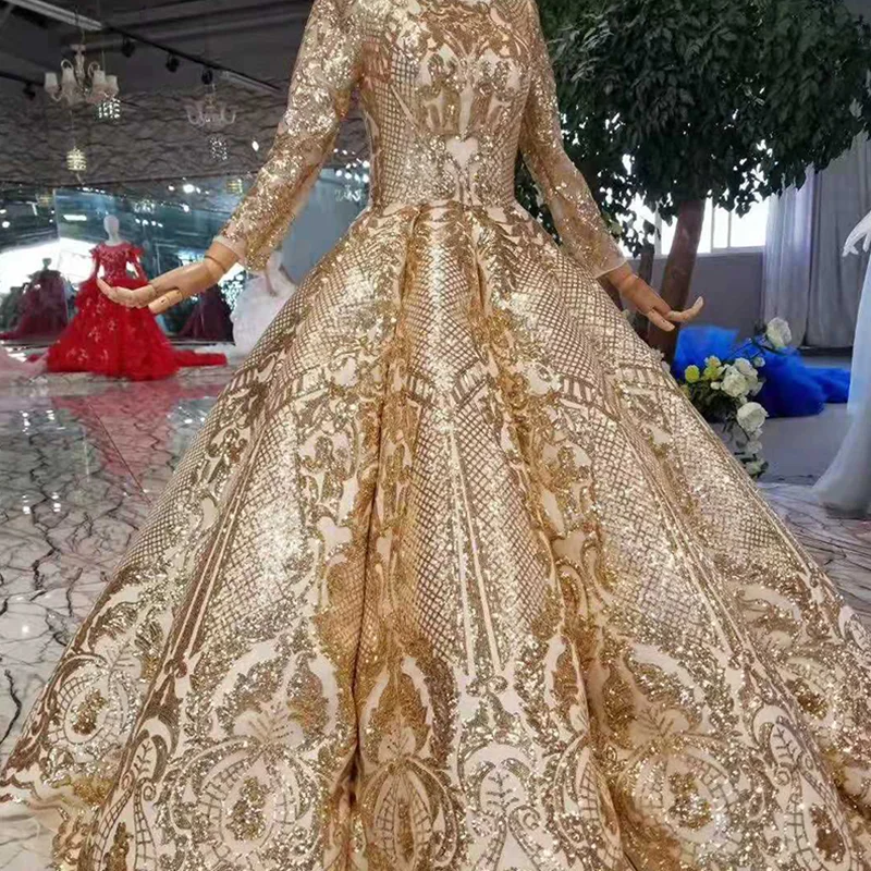LSS286 luxury dubai dresses women occasion o-neck long sleeve muslim ball sparkly party dress curve shape evening dresses golden