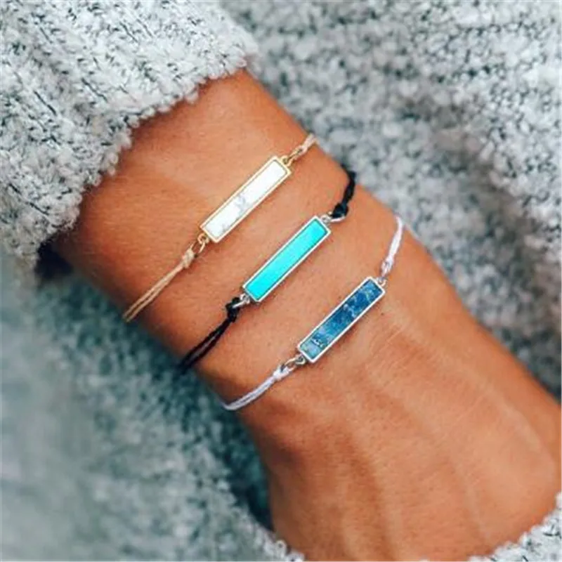 

Trendy Flat Square Stone Handmade Bracelets&Bangles For Women Adjustable Bohemian Bracelets Charm Jewelry DIY Bracelet BT200276