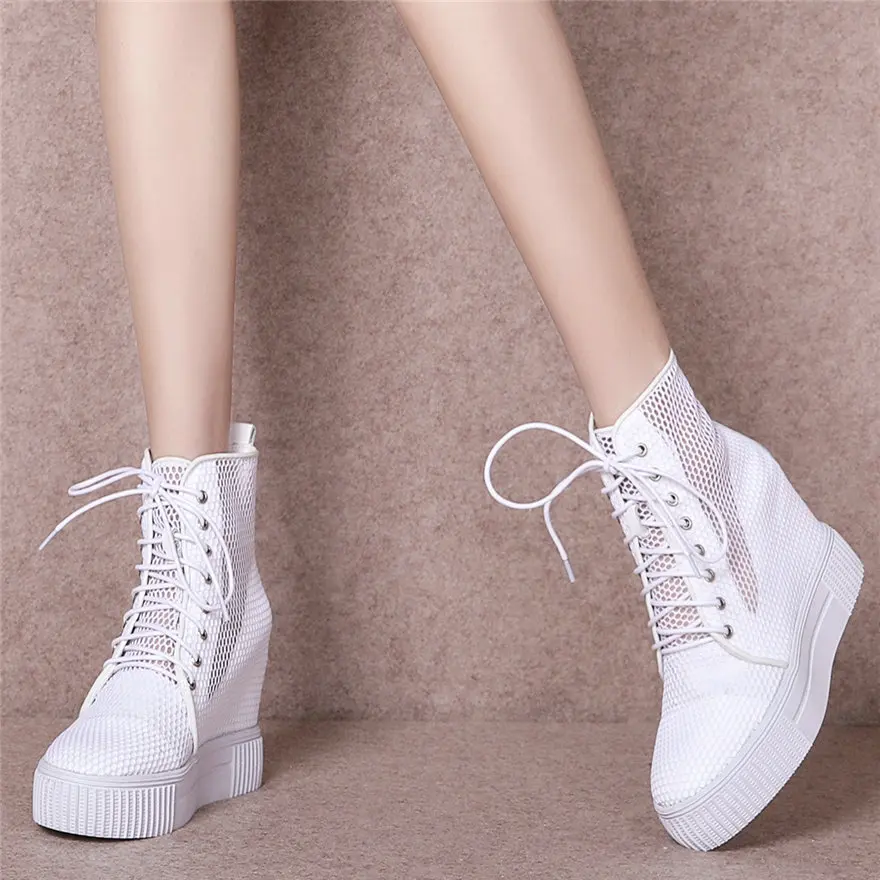 

High Top Fashion Sneakers Women Lace Up Wedges High Heel Roman Gladiator Sandals Female Breathable Mesh Platform Pumps Shoes