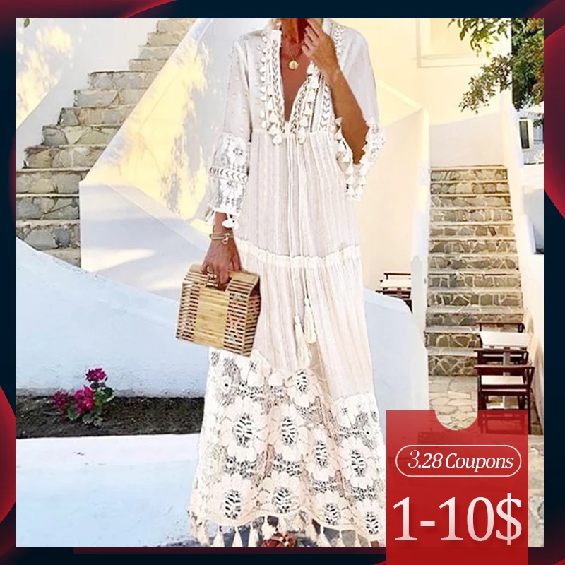 

Summer Autumn Sexy V-Neck Boho Dress Tassel Hollow Out Maxi Dresses Women 2020 New Bohemian Floral Printed Beach Dress Vestidos