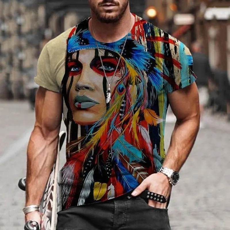 

2021 Повседневная облегающая Мужская футболка с коротким рукавом и круглым вырезом с мультяшным принтом, Модный пуловер в народном стиле на з...