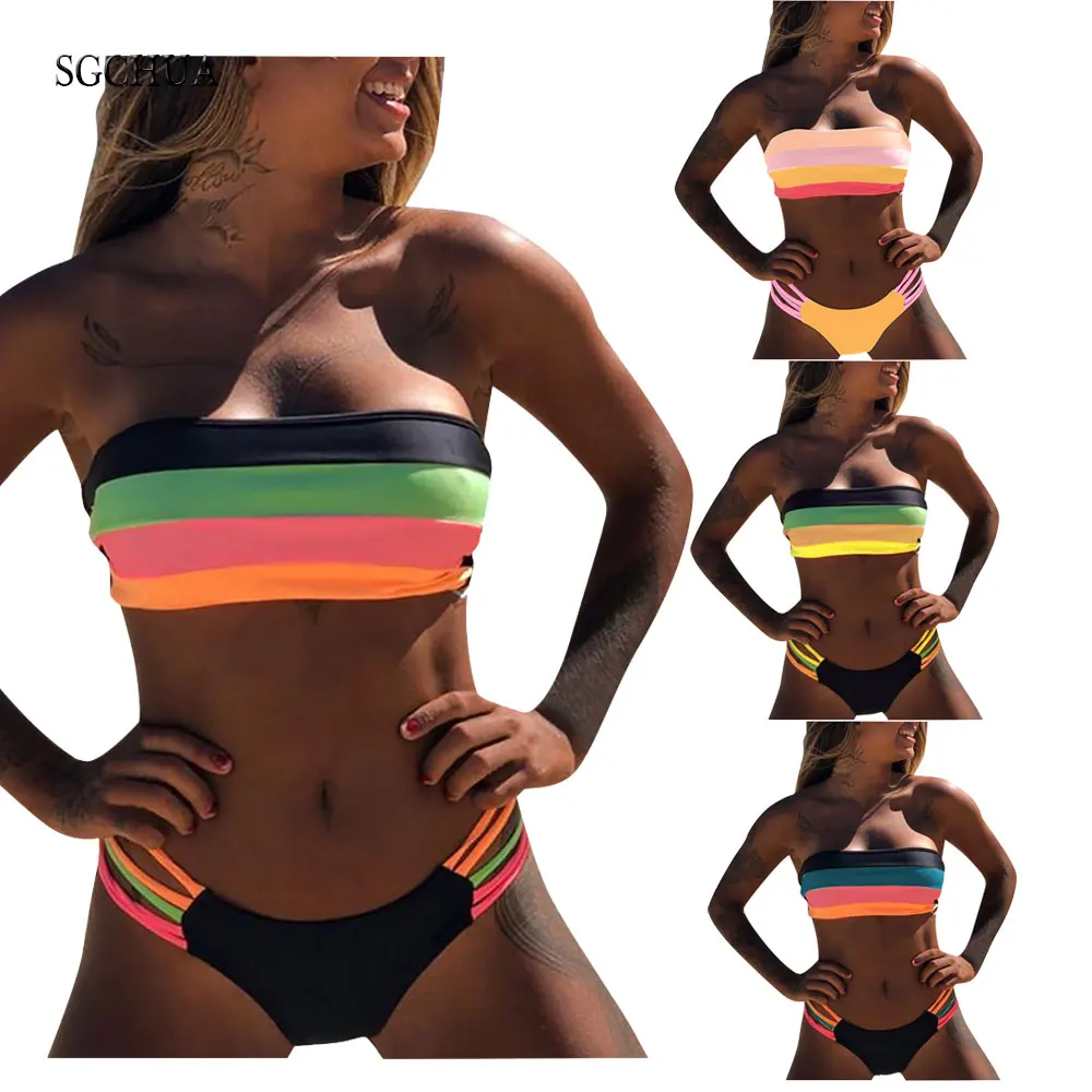Женский купальник SGCHUA разноцветный в полоску бразильский бандо для пляжа