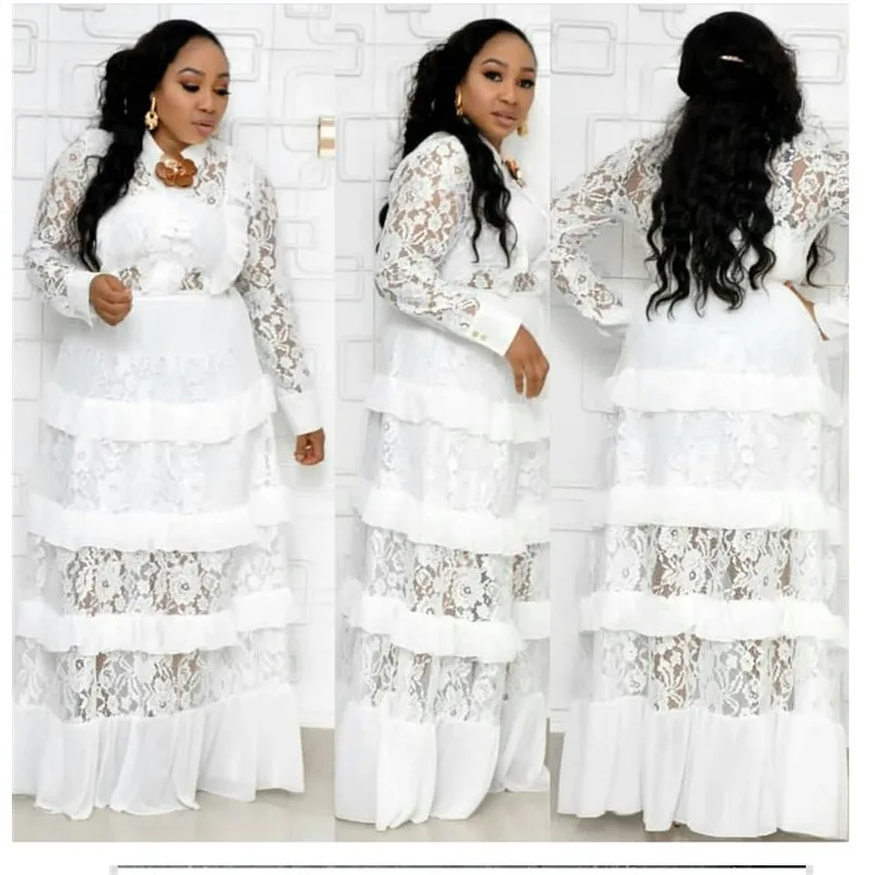 

Big size New style classic African women's Dashiki fashion Lace fungus edge stitching long dress size L XL XXL XXXL