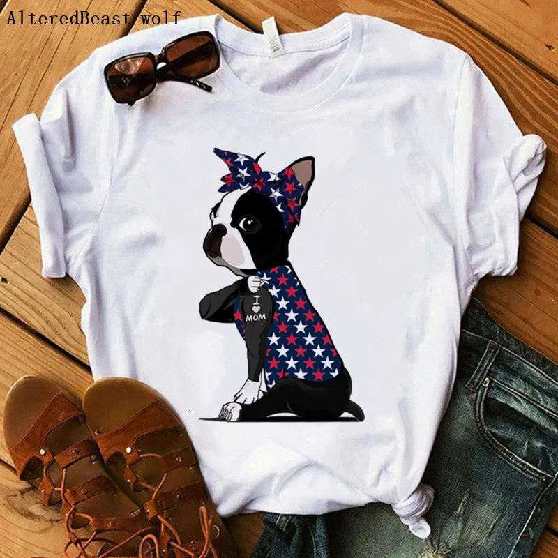 

Boston Terrier i love mom T-shirt Women Hararuku Mama T-shirt Vogue American flag Bandana T Shirt graphic 2021 Tshirt Clothes