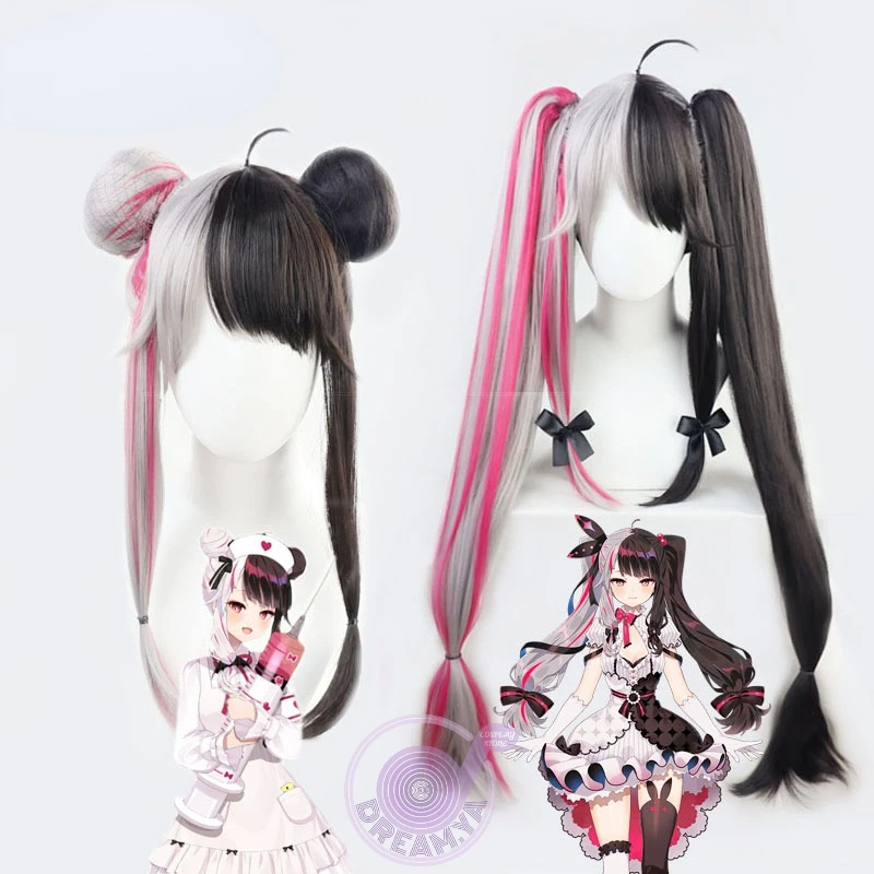 

Yorumi Rena Vtuber Cosplay Wig Black Gray Pink 95cm Long Ponytail/ Bun Youtuber Lolita Synthetic Hair Halloween Party + Wig Cap