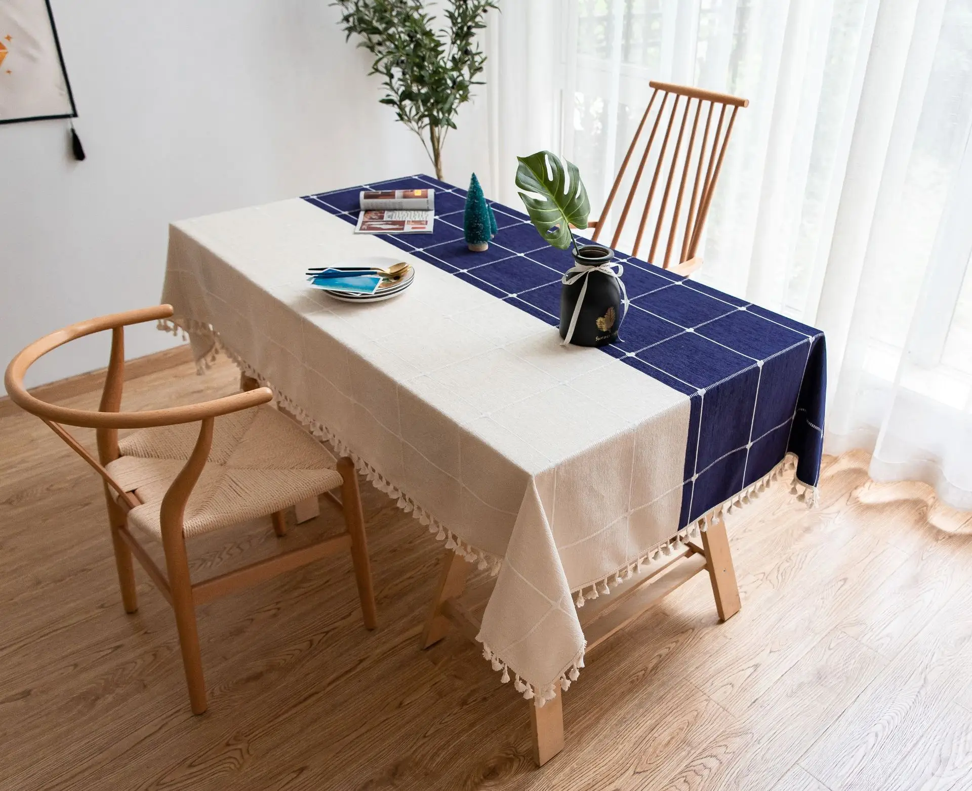 Plaid Two Tone Decorative Linen Tablecloth With Tassel Waterproof Oilproof Rectangular Wedding Dining Table Cover Table Cloth