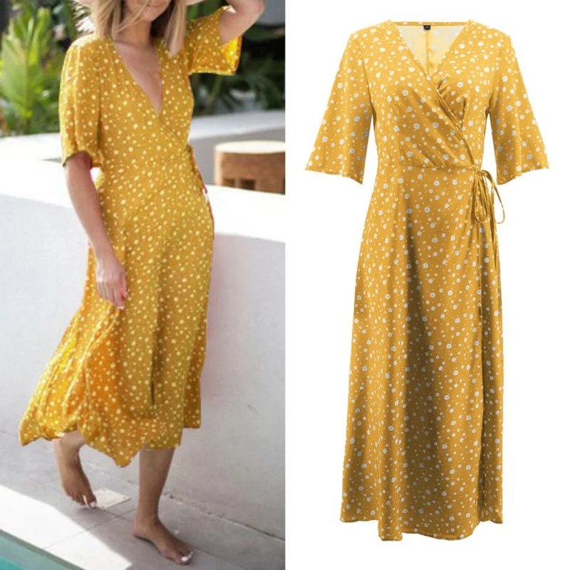 

Summer Half Sleeve Hot Sale V-Neck New Women's Polka Dot Printed Split Dress