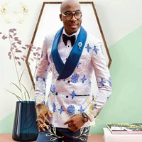 szmanlizi latest designs white floral double breasted men suit tuxedos navy blue shawl lapel party dress groom suits for wedding