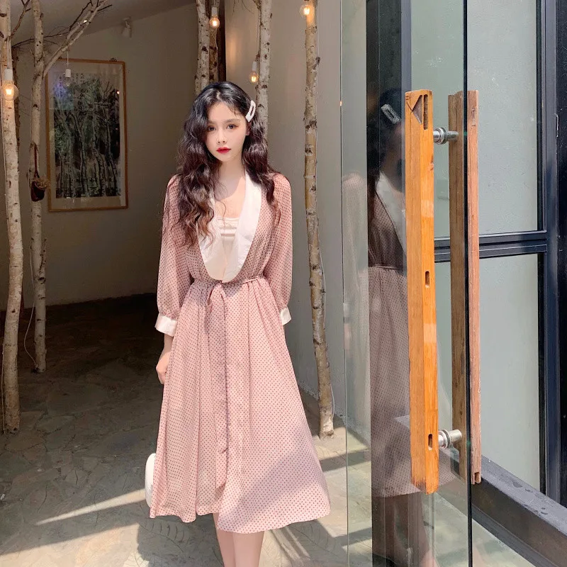 Французская мода Ретро горошек праздничное платье Vestidos с длинным рукавом