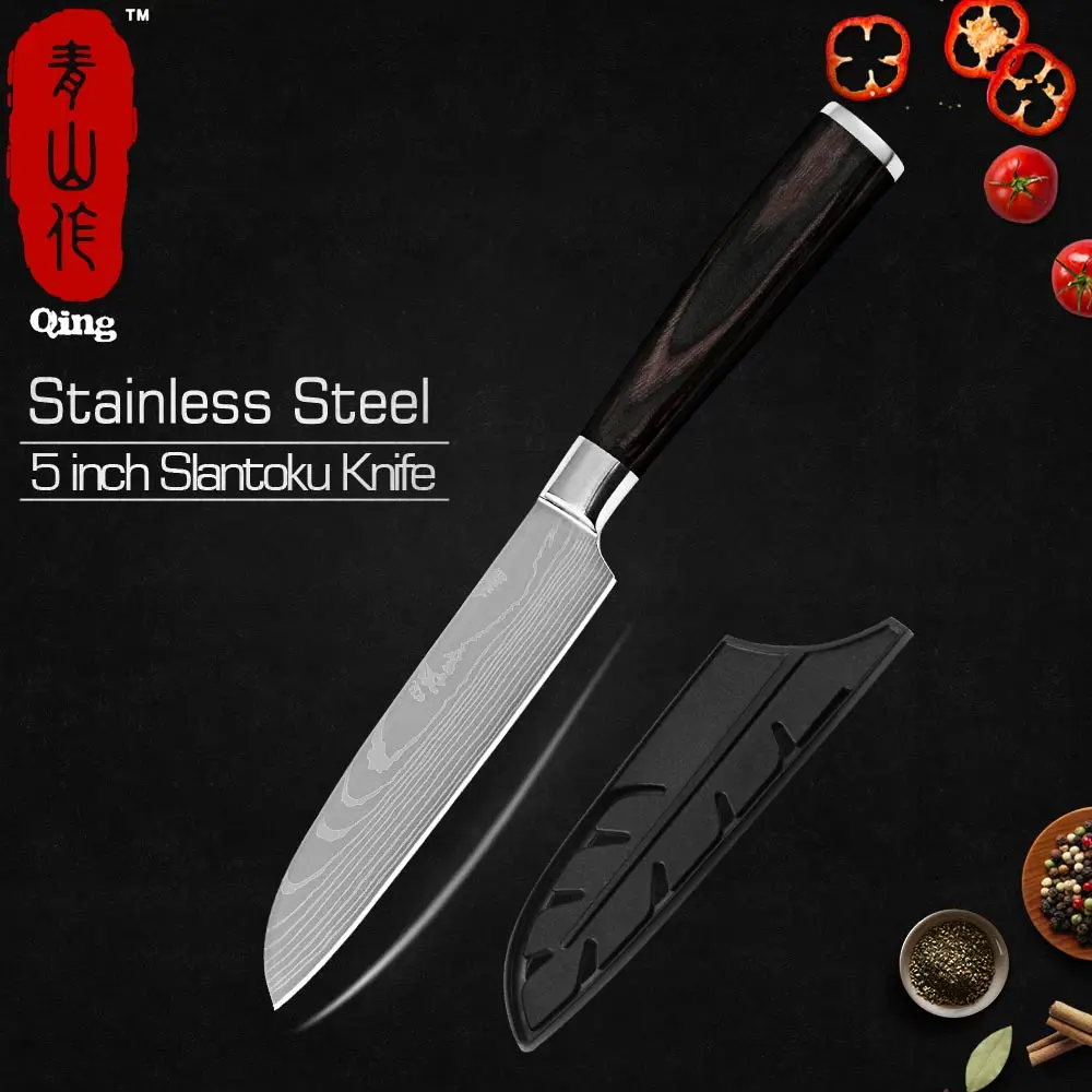 5 inch Santoku Knife Qing Laser дамасский нож для нарезки из нержавеющей стали нож для лосося суши рыбы филе Секач шеф-повара кухонные инструменты для приготовления пищи - Цвет: 5 inch Santoku Knife