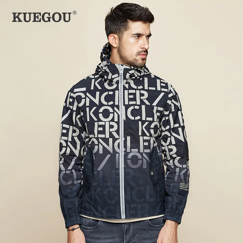 KUEGOU 2019 Осенняя черная Повседневная куртка с капюшоном и принтом для мужчин