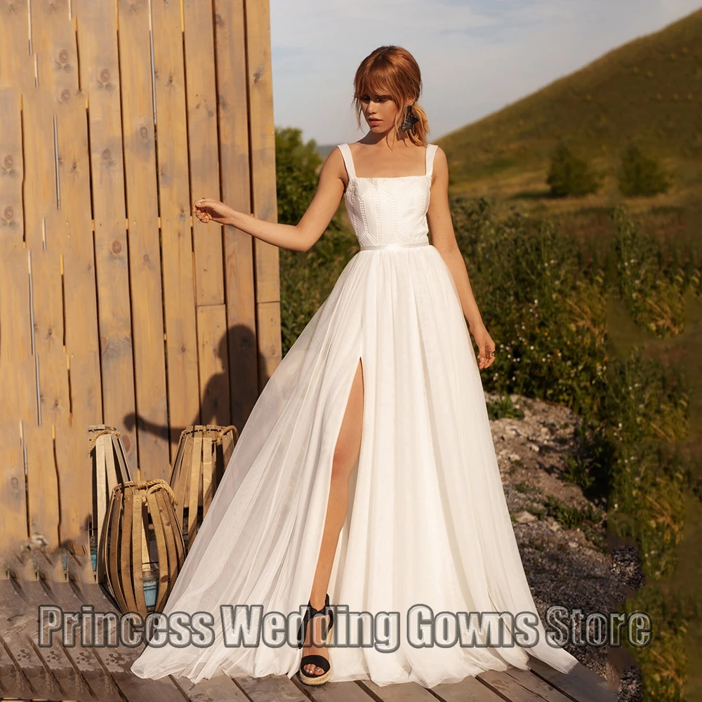 

2021 Bohemian Wedding Dress Beach Bridal Gowns White Ivory Square Neck Elegant Zipper Lace Tulle Bridal Dresses With Side Split