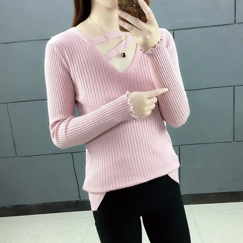 

2021 Autumn Winter Women Sweater Fashion New Sexy V Neck Long Sleeve Knitted Slim Fit Solid Color Basic Sweater Women
