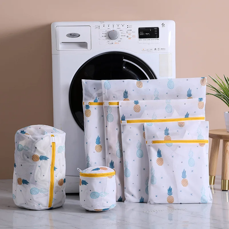 

6 pcs/set Polyester Mesh Laundry Bags Blue leaves Pineapple Cactus Printing Washing Bag for Dirty Clothes