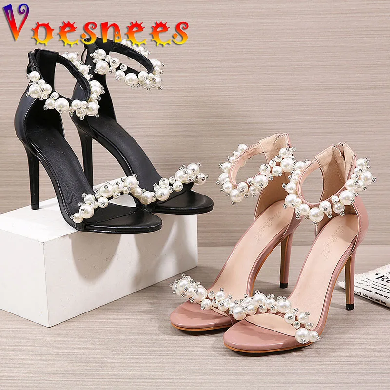 

Sweet Beaded Lady Sandal Party Ankle One Word Diamond Pearl High Heels Summer Cover Heel Zip Model Stiletto Women Shoes 2021 Hot
