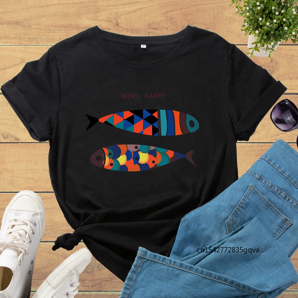 

Graphic Tee for Women Print T Shirts Short Sleeve Crew Neck Summer Tops Female Clothes Colorful Fish More Happy