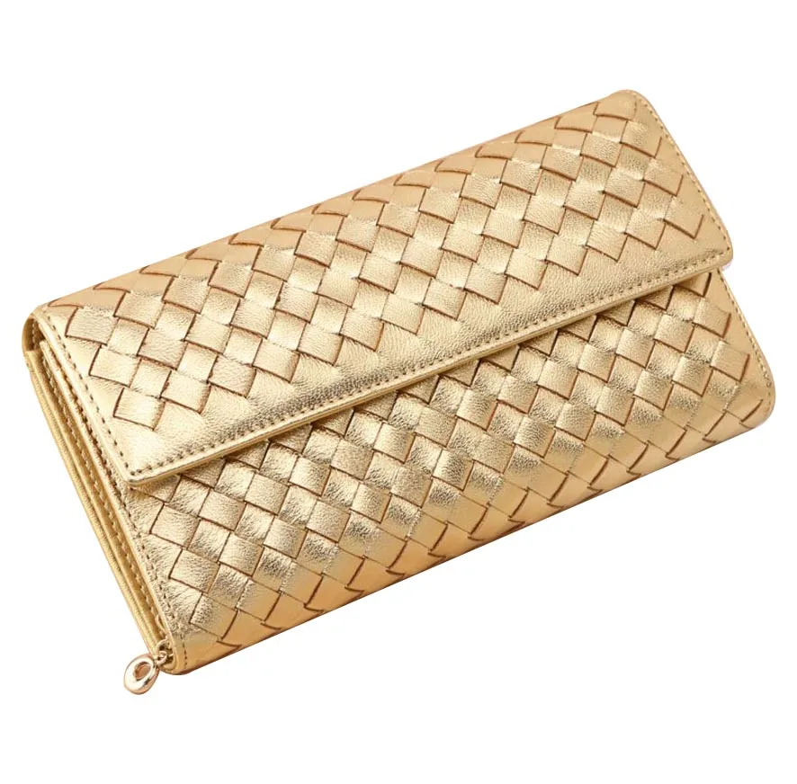 Gold Кошелек из овечьей кожи, Женский Длинный кошелек из натуральной кожи, Женский кошелек, вязаный модный стиль - Цвет: Gold
