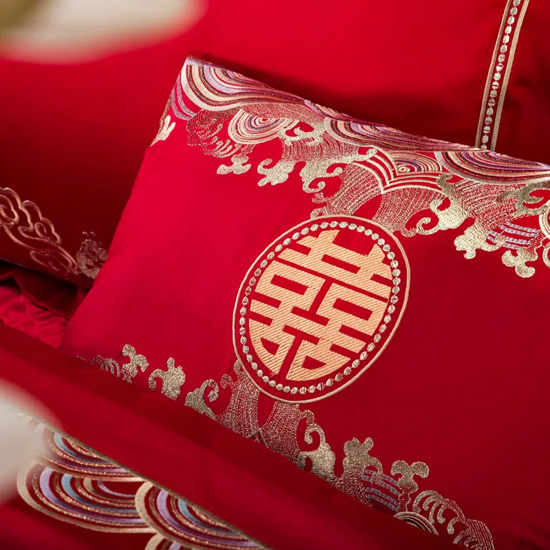 Роскошные 100S Египетский хлопок красный свадебный комплект постельного белья