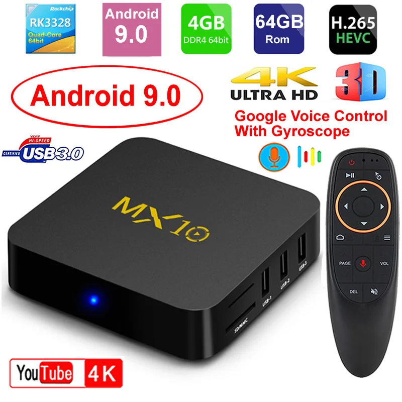 MX10 Смарт ТВ приставка Android 9,0 Rockchip RK3328 DDR4 4 ГБ ОЗУ 64 Гб ПЗУ IP ТВ смарт-приставка 4K USB 3,0 HDR H.265 медиаплеер коробка