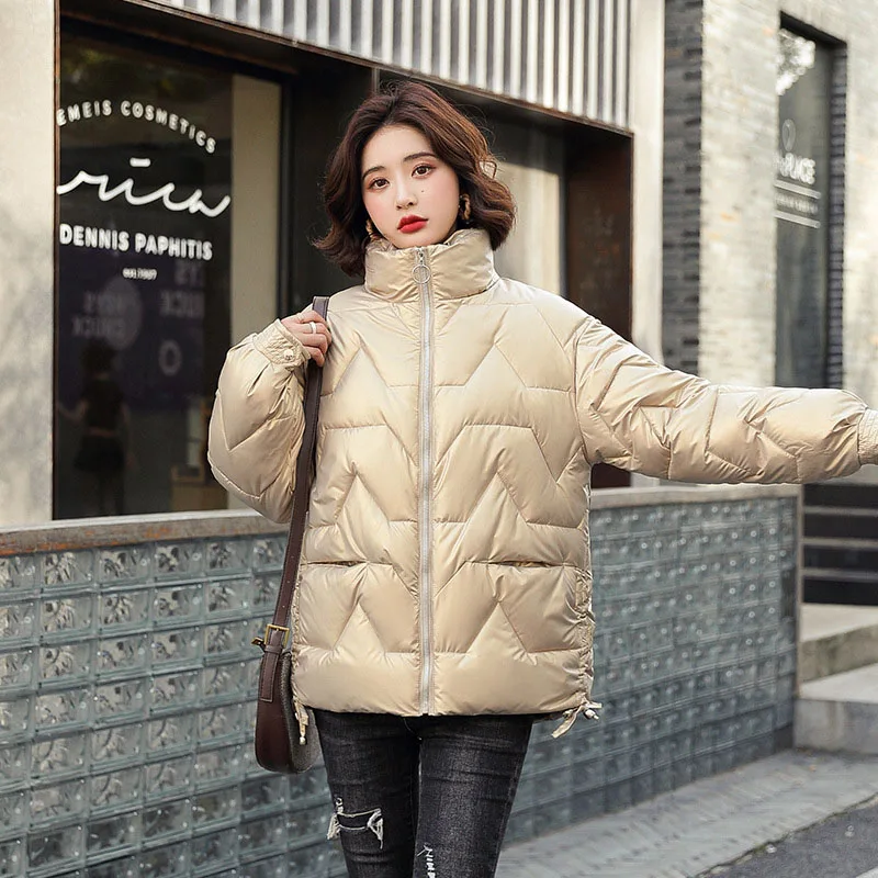 WYBLZ Women Winter Thicken Cotton Puffer Jacket Korean Style Bright Surface Padded Coat Fashion Oversize Bread Warm Jacket 2021