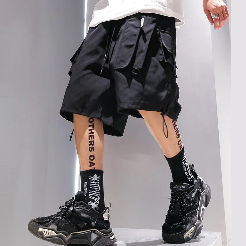 Summer Shorts Cargo Pants Men Joggers Black Stylish Pocket Ribbons Japanese Fashion Streetwear Hip Hop Shorts Male Casual Pants