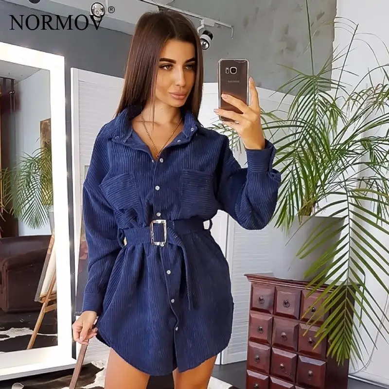 Женское платье с поясом NORMOV прямое мини-платье длинным рукавом и отложным