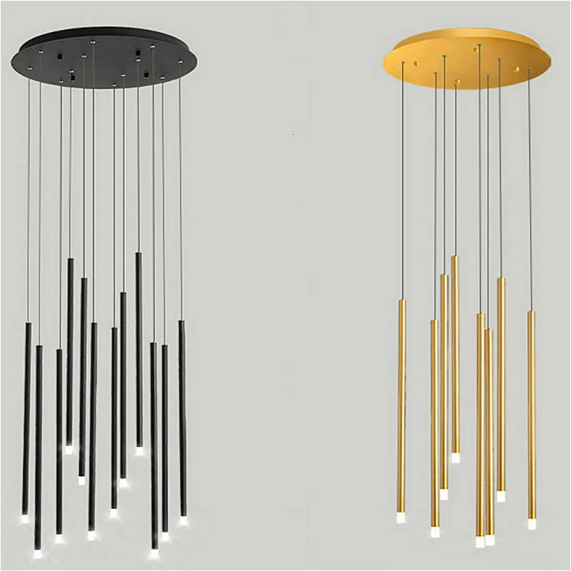 

Modern Staircase Chandelier Lighting Golden Black LED Round Tube Thandelier, Used For Spiral Staircase, Hotel Lobby, Club Hall