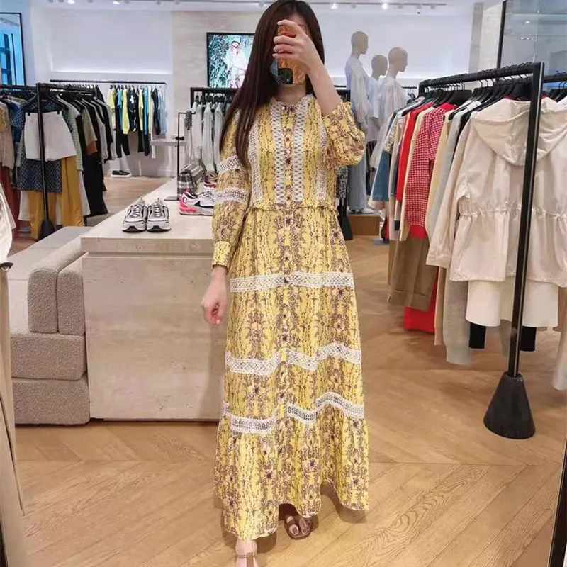

Female Summer French Elegant Print Lace Spliced Long Dress Woman Slim High Version Designed Dress Ladies Casual Dresses ML228